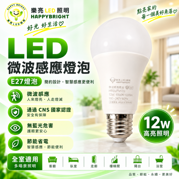 樂亮 LED 微波感應燈泡 E27 12W｜人體感應 自動亮燈 白光6500K 感應燈泡, 微波感應燈泡, 樂亮LED燈泡, 人體感應燈泡, 自動開關燈泡, E27感應燈泡, LED感應燈泡, 12W感應燈泡, 樓梯感應燈, 走廊燈泡, 玄關感應燈, 陽台燈具, 無藍光LED燈, CNS認證燈泡, 台灣製LED燈, 節能感應燈泡, 燈泡會自動亮, 感應開關燈, 居家照明燈泡, 防盜燈泡
