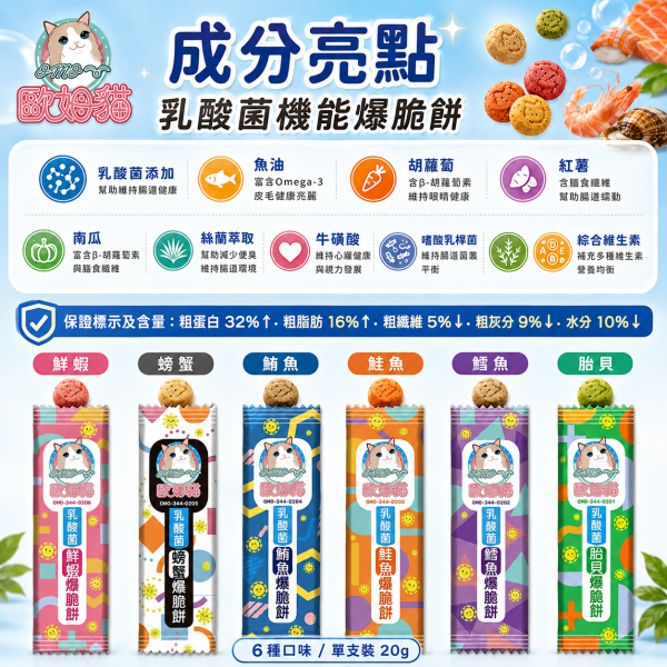 【歐姆貓 OMO】乳酸菌爆脆餅20g｜貓餅乾 貓零食｜螃蟹・鮮蝦・鮭魚・鮪魚・鱈魚・貽貝 歐姆貓, OMO, 乳酸菌爆脆餅, 貓零食, 貓咪零食, 貓餅乾, 貓咪餅乾, 貓點心, 全齡貓零食, 乳酸菌貓零食, 螃蟹貓零食, 鮮蝦貓零食, 鮭魚貓零食, 鮪魚貓零食, 鱈魚貓零食, 貽貝貓零食, 20g貓零食