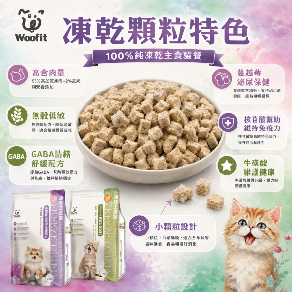 【Woofit】凍乾貓主食餐 50g／200g｜GABA情緒舒緩／蔓越莓泌尿道保健｜全貓種無穀凍乾主食 Woofit 凍乾貓主食 50g
Woofit 凍乾貓主食 200g
GABA情緒舒緩貓主食
蔓越莓泌尿道保健貓主食
全貓種凍乾主食推薦
貓咪凍乾主食推薦
挑嘴貓凍乾主食
小顆粒凍乾貓糧
符合AAFCO主食標準貓糧
