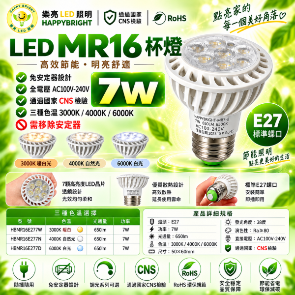 樂亮 MR16 LED杯燈 5W/7W｜GU5.3 E27 免安定器 白光/自然光/黃光 樂亮MR16,樂亮杯燈,樂亮LED杯燈,HappyBright MR16,MR16燈泡,MR16 LED燈泡,MR16杯燈,LED杯燈,LED MR16,5W杯燈,7W杯燈,5W MR16,7W MR16,全電壓杯燈,全電壓MR16,免安定器燈泡,白光杯燈,自然光杯燈,黃光杯燈,6000K杯燈,4000K杯燈,3000K杯燈,崁燈燈泡,投射燈泡,重點照明,展示燈泡,商業照明,居家照明,CNS燈泡