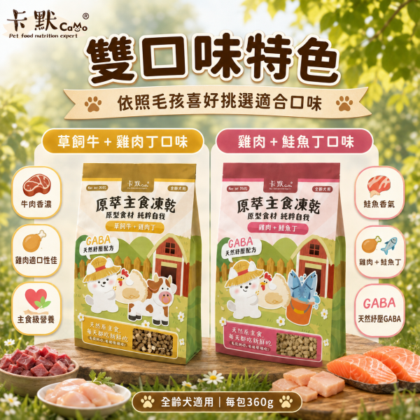 【卡默 CaMo】犬用凍乾主食餐 360g 草飼牛+雞肉丁/雞肉+鮭魚丁｜高蛋白無穀犬糧 天然健康狗飼料 卡默犬用凍乾餐, 狗狗凍乾主食, 無穀凍乾狗糧, 狗狗主食凍乾推薦, 草飼牛狗糧, 雞肉鮭魚凍乾, 高蛋白狗糧, 狗狗拌飯凍乾, GABA舒壓配方狗糧, 全齡犬主食, 狗狗凍乾餐評價, 狗狗腸胃保健主食, 低敏主食狗糧, CAMO凍乾, 狗狗鮮食替代, 台灣狗糧品牌, 高營養狗狗凍乾