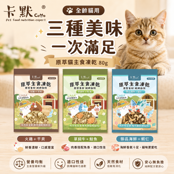 【CaMo 卡默】貓用原萃主食凍乾80g｜御品海鮮蝦仁／草飼牛鮭魚／火雞干貝｜GABA貓凍乾主食 卡默貓用主食凍乾80g、CaMo原萃主食凍乾貓用、貓咪凍乾主食推薦、純肉主食凍乾推薦、火雞干貝貓凍乾、草飼牛鮭魚貓糧