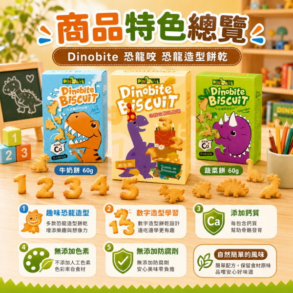 【Dinobite 恐龍咬】恐龍造型兒童餅乾 60g｜牛奶餅／蔬菜餅／輕乳酪餅｜添加鈣質 趣味點心 恐龍咬餅乾60g、Dinobite恐龍造型餅乾、兒童恐龍餅乾推薦、兒童造型餅乾推薦、兒童牛奶餅乾推薦、兒童蔬菜餅乾