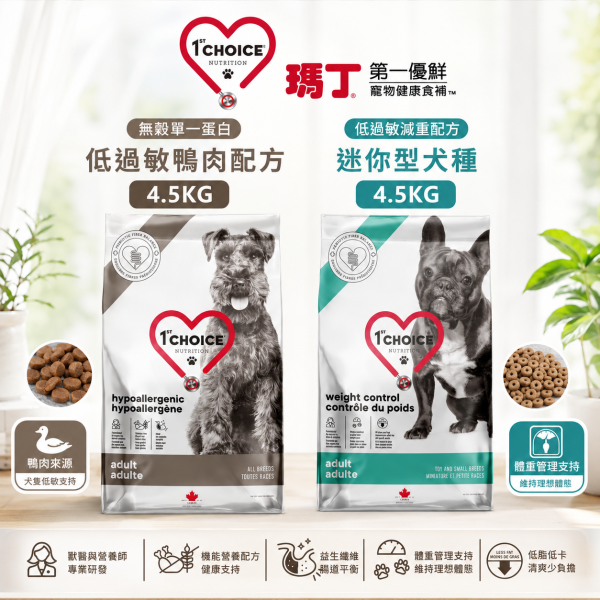 【瑪丁 1st Choice】低敏成犬飼料4.5KG｜無穀鴨肉・小型犬減重雞肉配方 瑪丁,瑪丁狗飼料,瑪丁犬糧,1st Choice,1st Choice狗飼料,狗飼料,狗乾糧,成犬飼料,低敏狗飼料,低過敏狗飼料,無穀狗飼料,無雞肉狗飼料,敏感腸胃狗飼料,鴨肉狗飼料,減重狗飼料,低脂狗飼料,體重管理狗飼料,小型犬飼料,左旋肉鹼狗飼料,益生元狗飼料,狗飼料4.5KG