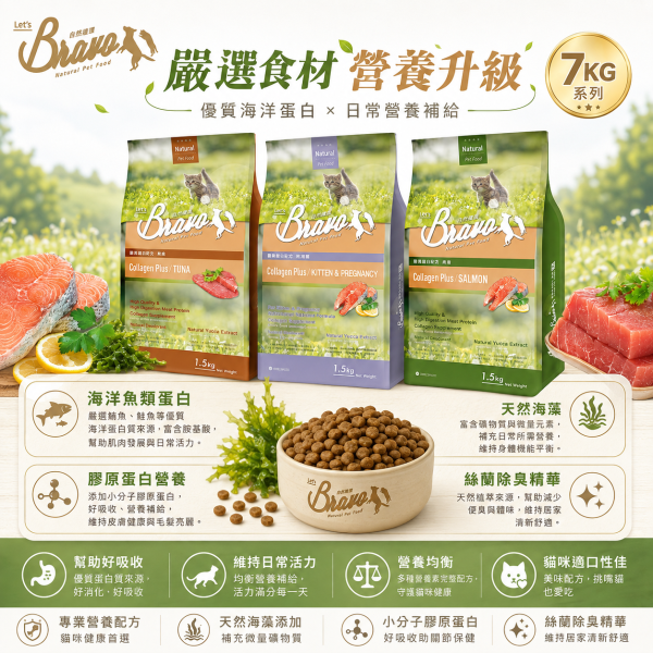 【Bravo 自然禮讚】膠原蛋白 貓飼料7KG｜幼母貓／鮭魚／鮪魚｜大包裝貓糧 貓乾糧 Bravo 自然禮讚 貓飼料

膠原蛋白配方 貓糧

幼母貓專用飼料 7kg

鮭魚貓飼料 大包裝

鮪魚貓飼料 推薦

成貓幼貓飼料 7公斤

關節保健 貓飼料

毛髮亮麗 貓糧

多貓家庭 貓糧大容量

Cat Food Collagen Plus 7kg
