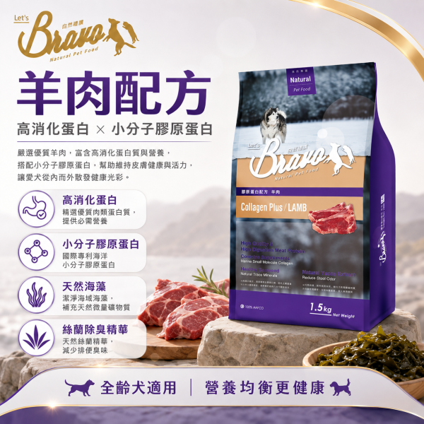 【Bravo 自然禮讚】膠原蛋白犬飼料1.5KG｜幼母犬雞肉／成犬羊肉／牛肉｜狗糧 犬糧 Bravo自然禮讚犬飼料1.5KG、Bravo膠原蛋白犬糧、幼母犬雞肉狗糧、成犬羊肉狗飼料、成犬牛肉狗飼料、小包裝狗糧推薦