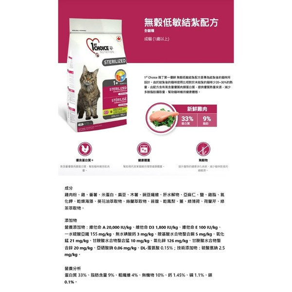 瑪丁 貓飼料  5KG 成貓無穀低敏結紮配方 瑪丁貓飼料、1st Choice 貓飼料、結紮貓飼料、無穀貓飼料、低敏貓飼料、成貓飼料推薦、低卡貓飼料、控制體重貓飼料、腸胃保健貓飼料、泌尿道保健貓飼料、雞肉無穀貓飼料、結紮貓控制體重