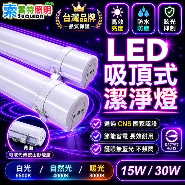索雷特 LED 吸頂式潔淨燈 15W／30W｜2尺／4尺 山形燈替換款｜白光／自然光／暖光｜LED 吸頂燈｜節能省電 防塵護眼｜CNS認證 LED潔淨燈,吸頂潔淨燈,三防燈,防蚊燈具,防水燈,防塵燈,取代山型燈,無藍光燈,護眼吸頂燈,CNS認證燈具