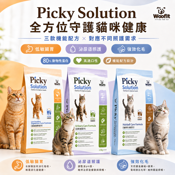 【Woofit】Picky Solution挑食對策貓糧1.5kg｜腸胃照護 泌尿保健 強效化毛｜全齡貓 Woofit Picky Solution貓飼料1.5kg、Woofit挑嘴貓糧、挑嘴貓飼料推薦、低敏腸胃貓糧推薦、泌尿道保健貓糧推薦、化毛貓飼料推薦
