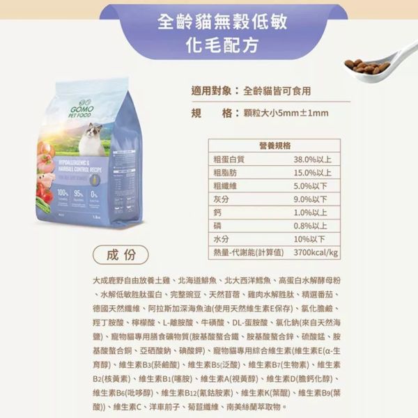 GOMO貓飼料 1.8KG 無穀低敏 腸胃配方 化毛配方 美膚亮毛 GOMO貓飼料, 無穀貓飼料, 全齡貓飼料, 低敏貓飼料, 貓腸胃保健飼料, 貓亮毛飼料, 化毛貓飼料, 健康貓飼料推薦, GOMO全齡貓飼料, 美膚亮毛貓飼料
