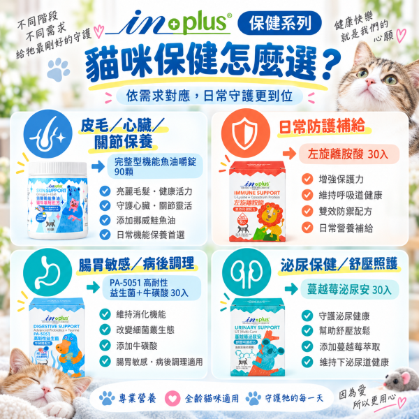 【IN-Plus】貓咪保健品｜益生菌・泌尿保健・左旋離胺酸・機能魚油 IN-Plus,IN Plus,inplus,貓咪保健品,貓保健品,貓咪營養品,寵物保健品,貓咪益生菌,貓益生菌,PA-5051,PA-5051益生菌,貓咪腸胃保健,貓咪消化保健,貓咪牛磺酸,貓咪泌尿保健,貓泌尿保健,貓咪蔓越莓,泌尿安,貓咪離胺酸,貓離胺酸,左旋離胺酸,貓咪免疫保健,貓咪魚油,貓魚油,貓咪鮭魚油,貓咪皮毛保健,貓咪關節保健,貓咪心臟保健