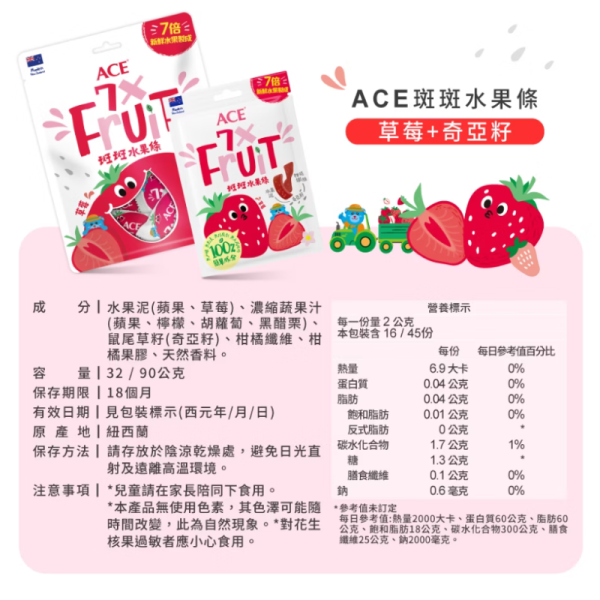 ACE 斑斑水果條｜奇異果/百香果/草莓/黑醋栗＋奇亞籽｜100%果泥果乾｜高纖低脂 健康零食 全素可食 32g/90g ACE水果條
斑斑水果條
水果條推薦
健康零食推薦
水果乾零食
100%果泥
奇亞籽零食
兒童健康零食
低脂零食推薦
高纖水果條
草莓水果條
百香果水果條
奇異果水果條
黑醋栗水果條
素食水果條
無添加零食