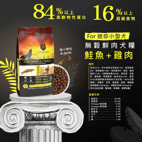 【安柏希雅 Ambrosia】 無穀鮮肉犬糧 2kg｜全齡犬/幼母犬/小型犬 火雞肉+兔肉/鴨肉/雞肉+鮭魚/雞肉+鮮魚 狗飼料 主食低敏配方 無穀犬糧, 鮮肉犬糧, 全齡犬飼料, 小型犬飼料, 幼母犬飼料, 低敏狗飼料, 狗主食推薦, 安柏希雅犬糧, 火雞肉犬糧, 鴨肉狗飼料, 鮭魚犬糧, 雞肉犬糧