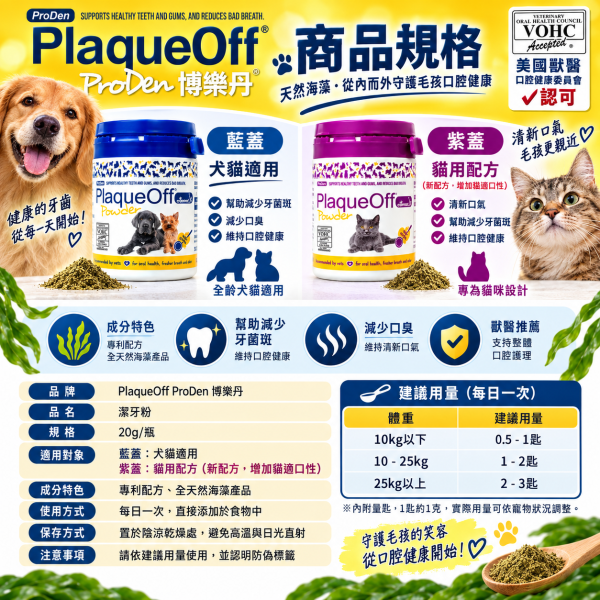 博樂丹 潔牙粉 美國獸醫口腔 VOHC認證 潔牙 貓潔牙 狗潔牙 寵物潔牙 潔牙骨 PlaqueOff 博樂丹 PlaqueOff

博樂丹 潔牙粉

貓用潔牙粉

狗用潔牙粉

VOHC認證 潔牙粉

天然海藻潔牙粉

貓狗口臭改善

貓狗牙結石 預防

貓狗牙齒保健品

博樂丹 藍罐 紫罐