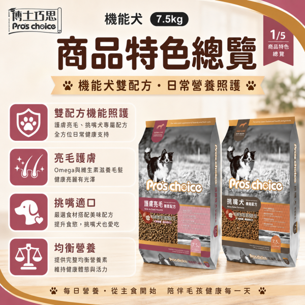 【博士巧思 Pros Choice】機能犬飼料 7.5kg｜挑嘴犬／護膚亮毛｜成犬機能狗飼料 博士巧思狗飼料、博士巧思機能犬、挑嘴犬飼料推薦、護毛亮毛狗飼料、大包裝狗糧7.5kg、成犬狗飼料推薦、挑嘴狗狗吃什麼、狗狗護膚亮毛飼料、博士巧思寵物食品、博士巧思7.5kg