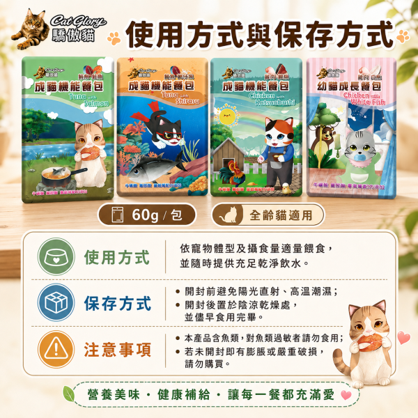 【Cat Glory 驕傲貓】機能餐包60g｜幼貓雞肉白魚／成貓鮪魚鮭魚／吻仔魚／雞肉鰹魚｜貓餐包 貓濕食 驕傲貓機能餐包60g、Cat Glory幼貓成長餐包、Cat Glory成貓機能餐包、幼貓雞肉白魚餐包、成貓鮪魚鮭魚餐包
