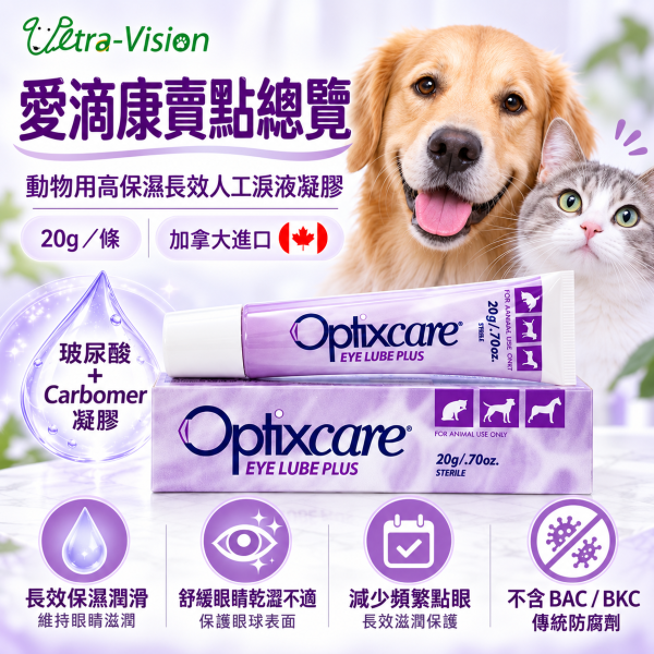 【優視】愛滴康 Optixcare犬貓人工淚液凝膠20g｜玻尿酸＋Carbomer長效保濕 愛滴康,愛滴康人工淚液,Optixcare,Optixcare Eye Lube Plus,寵物人工淚液,寵物人工淚液凝膠,犬貓人工淚液,狗狗人工淚液,貓咪人工淚液,狗狗眼睛保濕,貓咪眼睛保濕,寵物眼睛乾澀,狗狗眼睛乾澀,貓咪眼睛乾澀,寵物點眼凝膠,玻尿酸人工淚液,Carbomer凝膠,犬貓眼睛保健,寵物眼部保濕,動物人工淚液,20g人工淚液,優視生技