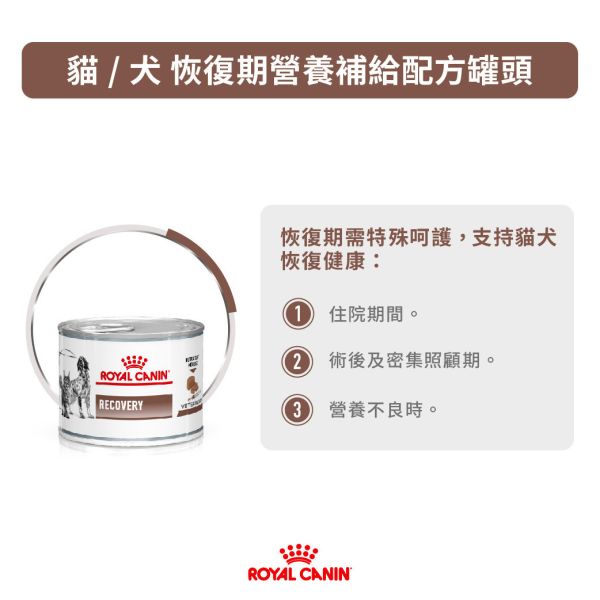 皇家  恢復期營養補給處方罐 195g｜貓犬適用｜術後康復 高熱量處方罐 Royal Canin Recovery

恢復期營養補給罐

貓犬術後營養

高熱量處方罐

貓狗恢復期罐頭

住院術後犬貓飲食

皇家恢復期處方

ICU 營養補充

貓狗病後營養