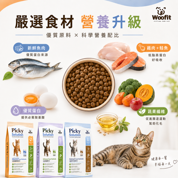 【Woofit】Picky Solution挑食對策貓糧1.5kg｜腸胃照護 泌尿保健 強效化毛｜全齡貓 Woofit Picky Solution貓飼料1.5kg、Woofit挑嘴貓糧、挑嘴貓飼料推薦、低敏腸胃貓糧推薦、泌尿道保健貓糧推薦、化毛貓飼料推薦
