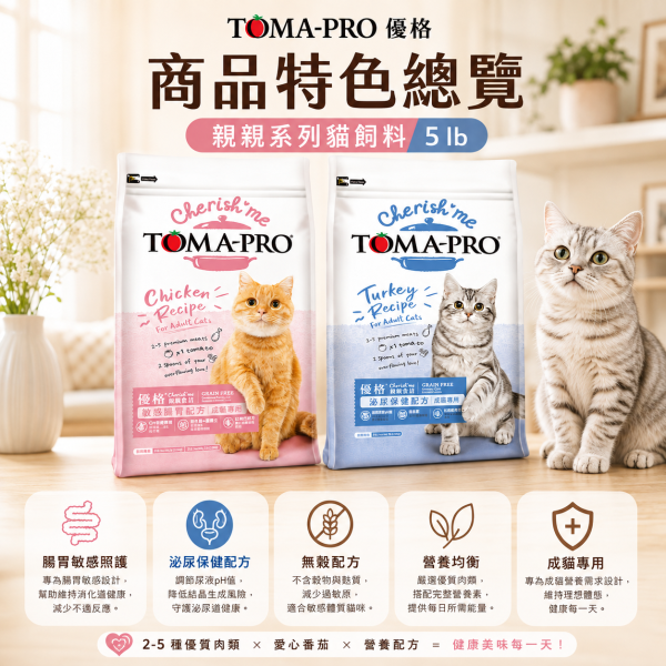 【TOMA-PRO 優格】親親食譜成貓飼料 5lb｜敏感腸胃／泌尿保健｜無穀貓糧 2.27kg TOMA-PRO貓飼料推薦、優格貓飼料推薦、優格親親食譜評價、敏感腸胃貓飼料推薦、泌尿保健貓飼料推薦、無穀成貓飼料推薦、成貓飼料推薦