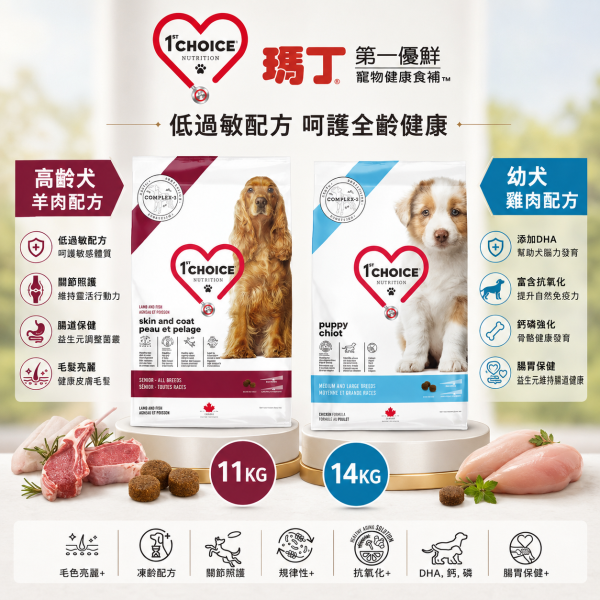 【瑪丁 1st Choice】低過敏犬飼料11KG／14KG｜中大型幼犬雞肉・高齡犬羊肉鮮魚 瑪丁狗飼料、瑪丁犬糧、1st Choice狗飼料、低敏狗飼料、中大型幼犬飼料、幼犬雞肉飼料、高齡犬飼料、老犬飼料、高齡犬羊肉飼料、羊肉狗飼料、關節保健狗飼料、腸胃保健狗飼料、狗飼料11KG、狗飼料14KG