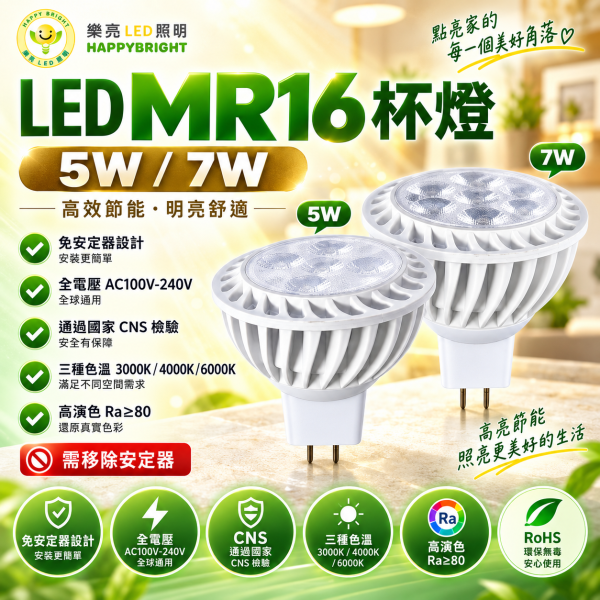 樂亮 MR16 LED杯燈 5W/7W｜GU5.3 E27 免安定器 白光/自然光/黃光 樂亮MR16,樂亮杯燈,樂亮LED杯燈,HappyBright MR16,MR16燈泡,MR16 LED燈泡,MR16杯燈,LED杯燈,LED MR16,5W杯燈,7W杯燈,5W MR16,7W MR16,全電壓杯燈,全電壓MR16,免安定器燈泡,白光杯燈,自然光杯燈,黃光杯燈,6000K杯燈,4000K杯燈,3000K杯燈,崁燈燈泡,投射燈泡,重點照明,展示燈泡,商業照明,居家照明,CNS燈泡