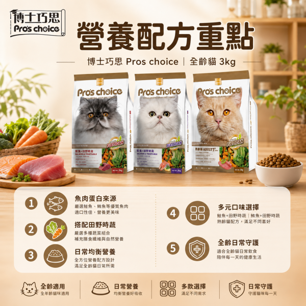 【博士巧思 Pros Choice】無穀貓飼料 3kg｜鮭魚田園蔬果／鮪魚田園蔬果／7+熟齡貓｜成貓乾糧 博士巧思無穀貓食3kg、博士巧思鮭魚貓飼料、博士巧思鮪魚貓飼料、博士巧思熟齡貓3kg、無穀貓飼料推薦、熟齡貓飼料推薦、成貓乾糧推薦、貓飼料家庭包