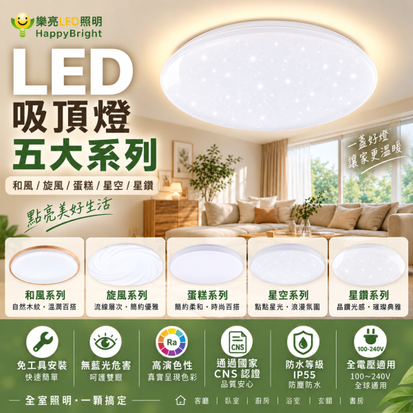 樂亮 LED 輕快裝吸頂燈｜16W/30W 和風・星空・星鑽・旋風 IP55防水 樂亮吸頂燈,樂亮LED吸頂燈,HappyBright吸頂燈,LED吸頂燈,吸頂燈,房間吸頂燈,客廳吸頂燈,浴室吸頂燈,廚房吸頂燈,陽台吸頂燈,防水吸頂燈,防塵吸頂燈,LED燈具,輕快裝吸頂燈,快速安裝吸頂燈,16W吸頂燈,30W吸頂燈,白光吸頂燈,自然光吸頂燈,黃光吸頂燈,6500K吸頂燈,4000K吸頂燈,3000K吸頂燈,IP55吸頂燈,全電壓吸頂燈,和風吸頂燈,星空吸頂燈,星鑽吸頂燈,旋風吸