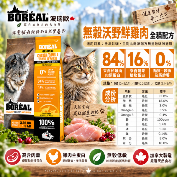 【波瑞歐 BORÉAL】無穀貓飼料5lb｜全齡貓 室內貓 高齡貓｜鮮雞肉 海鮮 化毛 關節配方 BORÉAL, BOREAL, 波瑞歐, 波瑞歐貓飼料, 無穀貓飼料, 無穀貓糧, 貓飼料, 貓糧, 貓乾糧, 加拿大貓飼料, 5lb貓飼料, 全齡貓飼料, 室內貓飼料, 高齡貓飼料, 化毛貓飼料, 關節保健貓糧, 低GI貓糧, 高蛋白貓飼料, 雞肉貓糧, 海鮮貓糧