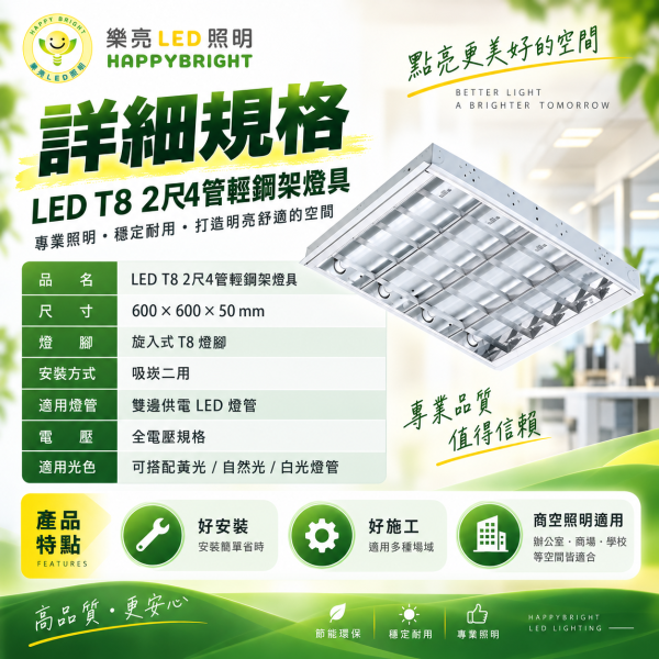 樂亮 LED T8 2尺4管輕鋼架燈｜格柵燈 T-BAR燈盤 600×600mm 樂亮輕鋼架燈,樂亮T8燈具,HappyBright T8,T8輕鋼架燈,2尺4管輕鋼架燈,2尺4管T8燈具,T-BAR燈具,T-BAR輕鋼架燈,LED輕鋼架燈,輕鋼架燈盤,2尺輕鋼架燈,600x600燈具,600x600輕鋼架燈,T8燈具,T8燈盤,辦公室燈具,辦公室LED燈,會議室燈具,教室燈具,商業照明,雙邊供電T8燈具,吸崁二用燈具,四管燈具,4管燈盤,輕鋼架天花板燈,T8 2尺燈具