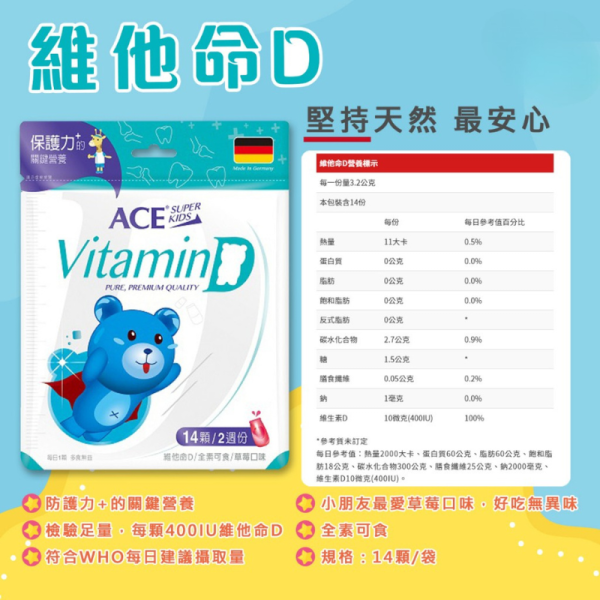ACE 機能Q系列軟糖｜DHA／維他命D／33E益生菌／綜合活力／西印度櫻桃C｜兒童專用機能軟糖 14顆入｜德國進口 無添加色素 防腐劑 兒童機能軟糖, DHA軟糖, 兒童維他命D, 兒童益生菌推薦, 西印度櫻桃C 軟糖, 成長期營養補充, 德國進口兒童軟糖, 無人工色素兒童補充品, ACE Super Kids, 小孩補充DHA, 小孩補充維他命, 兒童免疫力營養, 機能Q系列