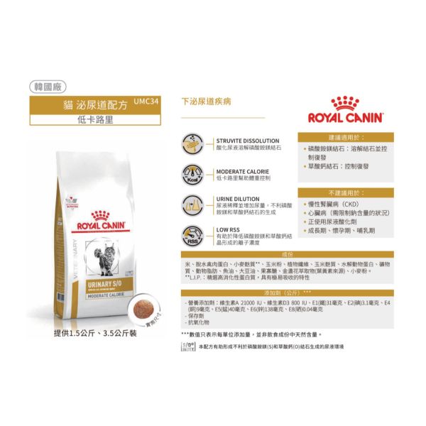 皇家【貓】泌尿道低卡路里配方 UMC34貓泌尿低卡-3.5kg / 1.5kg 皇家貓泌尿道處方飼料
UMC34貓結石飼料推薦
ROYAL CANIN泌尿結石配方
貓咪尿道結石預防飼料
低卡貓飼料泌尿健康
泌尿道結石貓飼料品牌
貓尿液酸化控制配方
磷酸銨鎂結石用什麼飼料
草酸鈣結石貓飼料推薦
貓咪泌尿保健處方推薦