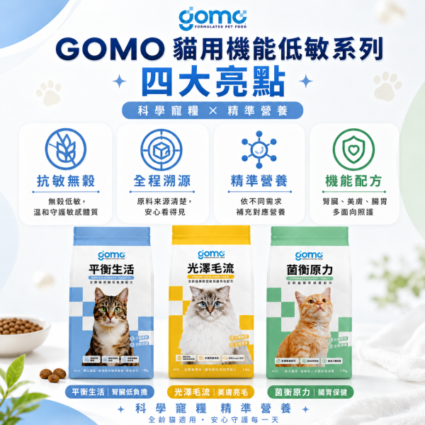 【GOMO】全齡貓機能乾糧1.5kg｜腸胃保健・腎臟低負擔・低敏美膚亮毛｜無穀貓飼料 GOMO菌衡原力1.5kg、GOMO腸胃保健貓糧、GOMO平衡生活1.5kg、GOMO腎臟低負擔貓糧、GOMO光澤毛流1.5kg、GOMO低敏美膚亮毛貓糧、全齡貓機能乾糧推薦