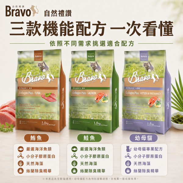 【Bravo 自然禮讚】膠原蛋白貓飼料1.5KG｜幼母貓／鮭魚／鮪魚｜貓糧 貓乾糧 Bravo自然禮讚貓飼料1.5KG、Bravo膠原蛋白貓糧、自然禮讚鮭魚貓飼料、自然禮讚鮪魚貓飼料、幼母貓飼料1.5kg、貓飼料小包裝推薦