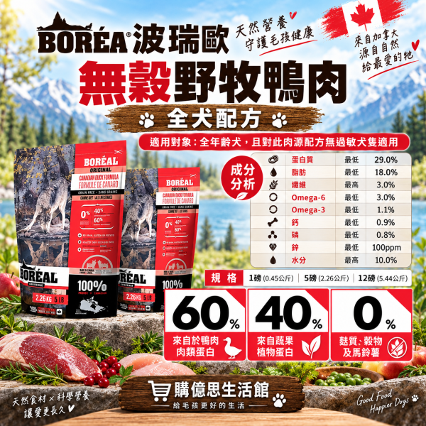 【波瑞歐 BOREAL】無穀犬糧5lb｜全齡犬狗飼料｜鴨肉 火雞 海宴三重奏 羊肉 加拿大製 BORÉAL, BOREAL, 波瑞歐, 波瑞歐狗飼料, 無穀狗飼料, 無穀犬糧, 狗飼料, 犬糧, 狗乾糧, 加拿大狗飼料, 全齡犬飼料, 5lb狗飼料, 鴨肉狗飼料, 火雞狗飼料, 魚肉狗飼料, 羊肉狗飼料, 低GI狗飼料, 高蛋白狗飼料