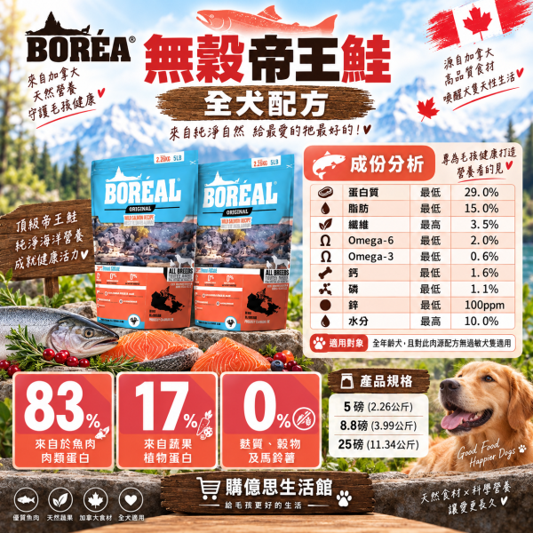 【波瑞歐 BOREAL】無穀犬糧5lb｜全齡犬狗飼料｜鴨肉 火雞 海宴三重奏 羊肉 加拿大製 BORÉAL, BOREAL, 波瑞歐, 波瑞歐狗飼料, 無穀狗飼料, 無穀犬糧, 狗飼料, 犬糧, 狗乾糧, 加拿大狗飼料, 全齡犬飼料, 5lb狗飼料, 鴨肉狗飼料, 火雞狗飼料, 魚肉狗飼料, 羊肉狗飼料, 低GI狗飼料, 高蛋白狗飼料