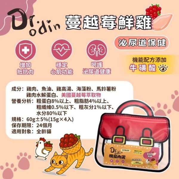 【Dr.odin 】貓咪機能肉泥 4入手提書包袋裝 口感細膩 添加牛磺酸 鮪魚藻油 鮪魚蔓越莓 雞肉藻油 雞肉蔓越莓 Dr.odin 機能肉泥, 貓咪肉泥, 雙越莓鮮雞肉泥, 鮪魚肉泥, 蘆薈貓條, 牛磺酸貓條, 貓咪零食推薦, 貓用營養泥, 健康肉泥貓條, 全齡貓可食, 貓泌尿保健, GOIS生活館