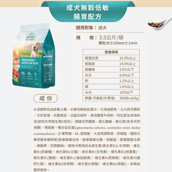 GOMO犬飼料 1.8KG 無穀低敏 低脂活力配方 低敏腸胃配方 高纖關節 美膚亮毛配方 狗飼料推薦, 無穀狗飼料, 低敏狗飼料, 成犬飼料, 熟齡犬飼料, GOMO 狗飼料, 腸胃保健狗飼料, 關節保健狗飼料, 低脂狗飼料, 狗狗亮毛飼料