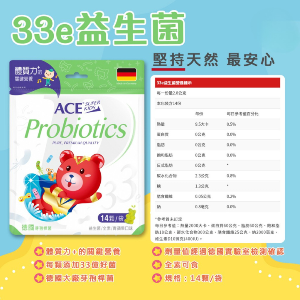 ACE 機能Q系列軟糖｜DHA／維他命D／33E益生菌／綜合活力／西印度櫻桃C｜兒童專用機能軟糖 14顆入｜德國進口 無添加色素 防腐劑 兒童機能軟糖, DHA軟糖, 兒童維他命D, 兒童益生菌推薦, 西印度櫻桃C 軟糖, 成長期營養補充, 德國進口兒童軟糖, 無人工色素兒童補充品, ACE Super Kids, 小孩補充DHA, 小孩補充維他命, 兒童免疫力營養, 機能Q系列