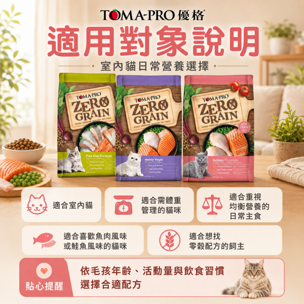 【TOMA-PRO 優格】Zero Grain 零穀貓飼料 5.5lb｜鮭魚敏感／5種魚化毛／室內貓體重管理｜貓乾糧 TOMA-PRO零穀貓飼料5.5lb、優格零穀貓飼料5.5磅、優格鮭魚貓飼料、優格5種魚貓飼料、優格室內貓體重管理、無穀貓飼料推薦、室內貓飼料推薦、化毛貓飼料推薦