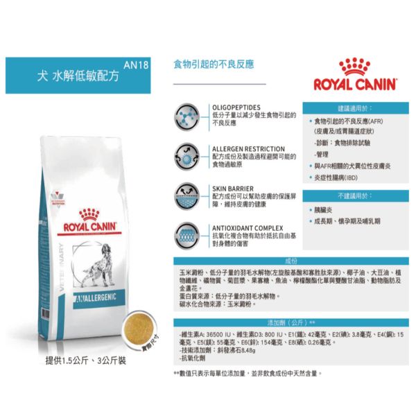 皇家【犬】水解低敏處方乾糧  AN18犬水解低敏處方3kg / 1.5kg 狗狗水解蛋白飼料推薦

狗狗皮膚過敏飼料

狗狗IBD腸炎飼料

狗狗腸胃敏感吃什麼

皇家犬用過敏處方飼料

羽毛蛋白處方飼料

狗狗食物排除試驗飼料

狗狗異位性皮膚炎飼料推薦

狗狗長期低敏飼料

Royal Canin AN18