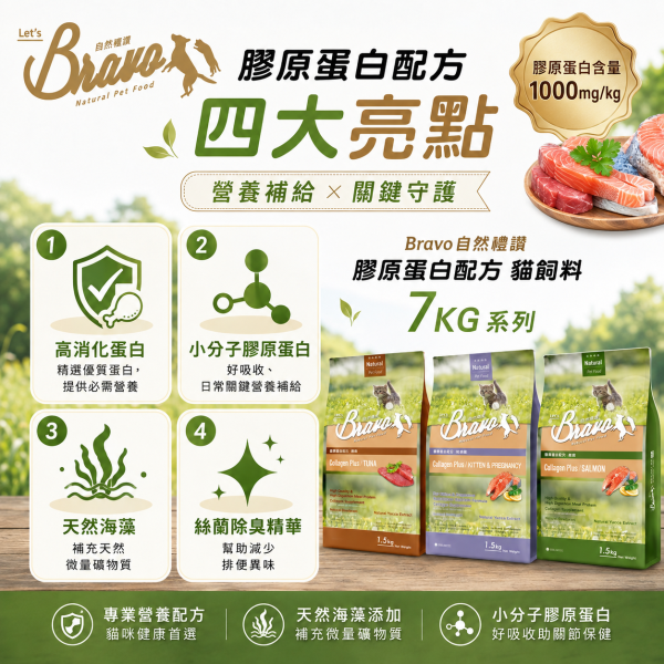 【Bravo 自然禮讚】膠原蛋白 貓飼料7KG｜幼母貓／鮭魚／鮪魚｜大包裝貓糧 貓乾糧 Bravo 自然禮讚 貓飼料

膠原蛋白配方 貓糧

幼母貓專用飼料 7kg

鮭魚貓飼料 大包裝

鮪魚貓飼料 推薦

成貓幼貓飼料 7公斤

關節保健 貓飼料

毛髮亮麗 貓糧

多貓家庭 貓糧大容量

Cat Food Collagen Plus 7kg