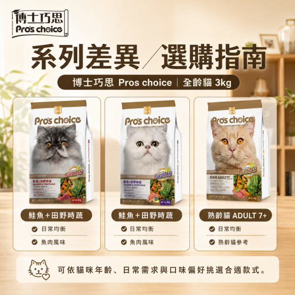 【博士巧思 Pros Choice】無穀貓飼料 3kg｜鮭魚田園蔬果／鮪魚田園蔬果／7+熟齡貓｜成貓乾糧 博士巧思無穀貓食3kg、博士巧思鮭魚貓飼料、博士巧思鮪魚貓飼料、博士巧思熟齡貓3kg、無穀貓飼料推薦、熟齡貓飼料推薦、成貓乾糧推薦、貓飼料家庭包