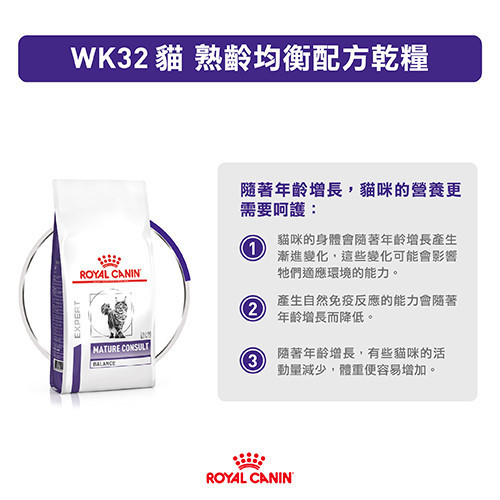 皇家  WK32 貓熟齡均衡配方乾糧｜7 歲以上熟齡貓營養管理｜1.5KG／3.5KG 老貓飼料、熟齡貓飼料、7 歲以上貓飼料、Royal Canin WK32、貓熟齡配方、老貓營養飼料