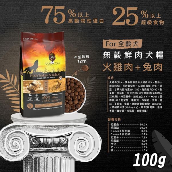 【安柏希雅 Ambrosia】無穀鮮肉犬糧 100g｜鮭魚雞肉／雞肉鮮魚／火雞兔肉／火雞鴨肉｜高動物性蛋白・小顆粒 安柏希雅犬糧, Ambrosia 狗飼料, 無穀犬糧推薦, 鮮肉犬糧, 幼犬飼料, 小型犬飼料, 全齡犬飼料, 高蛋白狗糧, 低敏犬糧, 狗飼料100g, 試吃包犬糧