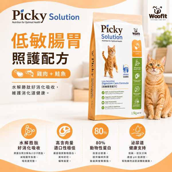 【Woofit】Picky Solution挑食對策貓糧1.5kg｜腸胃照護 泌尿保健 強效化毛｜全齡貓 Woofit Picky Solution貓飼料1.5kg、Woofit挑嘴貓糧、挑嘴貓飼料推薦、低敏腸胃貓糧推薦、泌尿道保健貓糧推薦、化毛貓飼料推薦