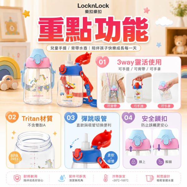 【LocknLock 樂扣樂扣】兒童Tritan背帶水壺 450ml｜吸管水壺 手提水壺｜直升機／獨角獸 樂扣樂扣兒童水壺450ml、LocknLock兒童背帶水壺450ml、兒童Tritan水壺推薦、幼兒園背帶水壺推薦、兒童吸管水壺推薦、450ml兒童水壺推薦