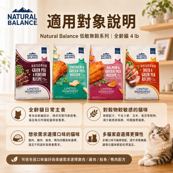 【自然平衡 Natural Balance】 低敏無穀貓飼料  4磅｜無穀配方 鹿肉/鴨肉/雞肉/鮭魚｜關節 心血管 腸胃 皮膚保健 自然平衡貓飼料

NB 貓飼料

無穀貓飼料

低敏貓飼料

貓關節保健飼料

貓腸胃保健飼料

貓皮膚保健飼料

單一肉源貓飼料

成貓保健飼料推薦

Natural Balance cat food