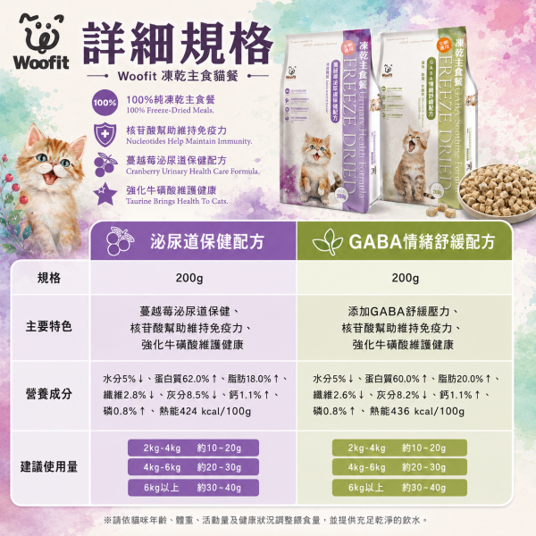 【Woofit】凍乾貓主食餐 50g／200g｜GABA情緒舒緩／蔓越莓泌尿道保健｜全貓種無穀凍乾主食 Woofit 凍乾貓主食 50g
Woofit 凍乾貓主食 200g
GABA情緒舒緩貓主食
蔓越莓泌尿道保健貓主食
全貓種凍乾主食推薦
貓咪凍乾主食推薦
挑嘴貓凍乾主食
小顆粒凍乾貓糧
符合AAFCO主食標準貓糧