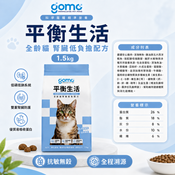 【GOMO】全齡貓機能乾糧1.5kg｜腸胃保健・腎臟低負擔・低敏美膚亮毛｜無穀貓飼料 GOMO菌衡原力1.5kg、GOMO腸胃保健貓糧、GOMO平衡生活1.5kg、GOMO腎臟低負擔貓糧、GOMO光澤毛流1.5kg、GOMO低敏美膚亮毛貓糧、全齡貓機能乾糧推薦
